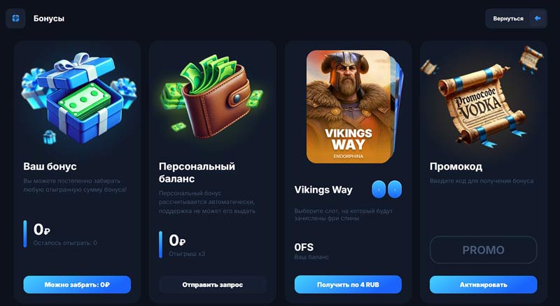 Бонусные программы в Vodka Casino